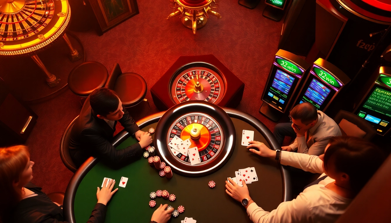 Players enjoying a thrilling poker game at 32win Casino with vibrant lighting and chips.