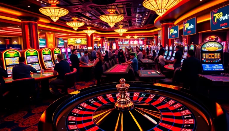 The thrilling environment of a casino showcasing the 789win link đăng nhập with vibrant roulette tables and players.